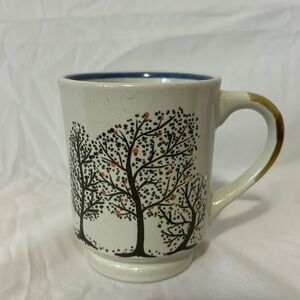 Tree with Fruit Coffee Cup Mug Tea Cup Blue Rim Stylistic Drawing Painted